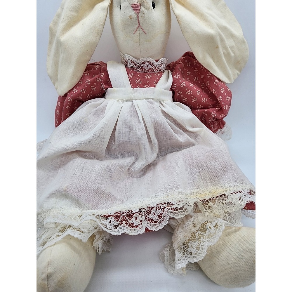 Vintage Handmade Primitive Rag Doll Bunny Rabbit Red Floral Dress Lace Trim 20in - Picture 5 of 9